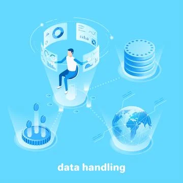 Isometric vector image on a blue background, a man in a virtual office workin Illustration