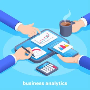 Isometric vector image on a blue background, a working tablet and the hands o Stock Illustration