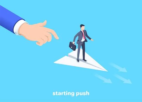 Isometric vector image on a blue background, a man in a business suit launche Stock Illustration