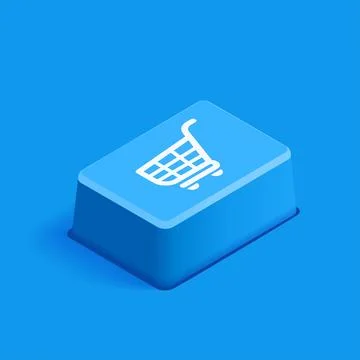 Isometric vector image on blue background, button with grocery basket icon, s Illustrazione stock
