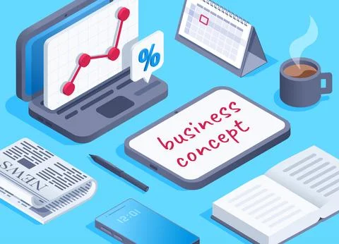 Isometric vector image on blue background, business attributes such as laptop Stock Illustration