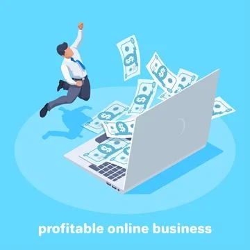 Isometric vector image on a blue background, a man in business clothes rejoic Stock Illustration