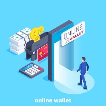 Isometric vector image on a blue background, a man in a business suit goes th Stock Illustration