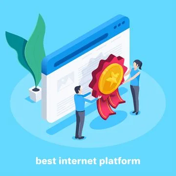 Isometric vector image on a blue background, a man and a woman hang an award  Stock Illustration