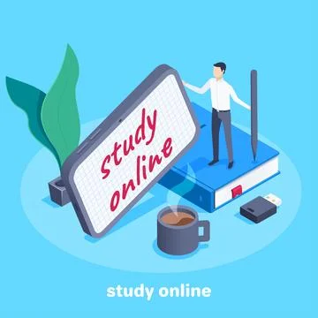 Isometric vector image on a blue background, a man stands on a book and holds Stockillustratie