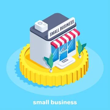Isometric vector image on blue background, shop on gold coin and lettering sm Stock Illustration