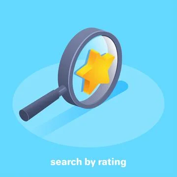 Isometric vector image on blue background, magnifying glass and star icon, se Illustrazione stock