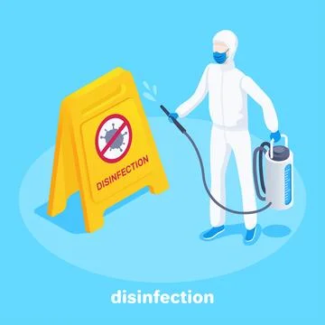 Isometric vector image on a blue background, a man in a protective suit and a Stock Illustration