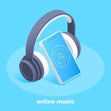 Isometric vector image on a blue background, wireless headphones next to a sm Illustrazione stock