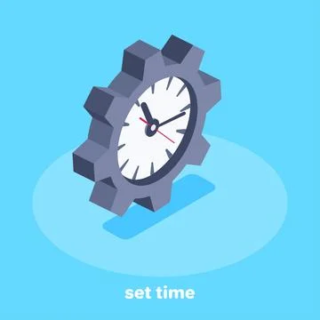 Isometric vector image on blue background, gear icon with clock inside, set t Stock Illustration