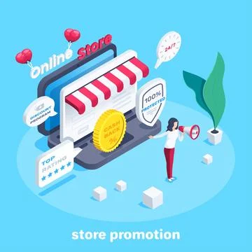 Isometric vector image on blue background, online store and woman with loudsp Stock Illustration