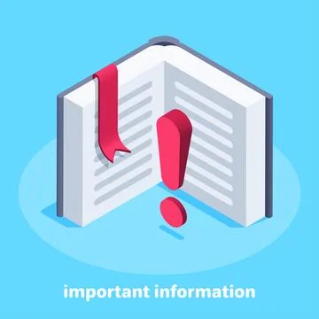 Isometric vector image on blue background, open book with bookmark and exclam 스톡 일러스트