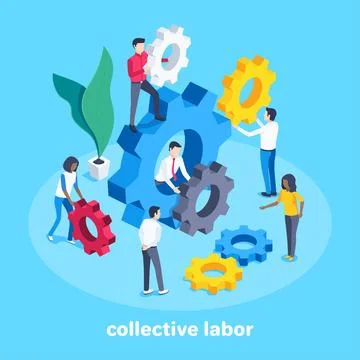 Isometric vector image on blue background, people move and expose gears, well Stock Illustration