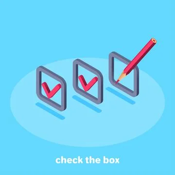 Isometric vector image on blue background, cells with check mark and blank ce Stock Illustration