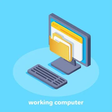 Isometric vector image on blue background, computer icon with folder on scree 스톡 일러스트