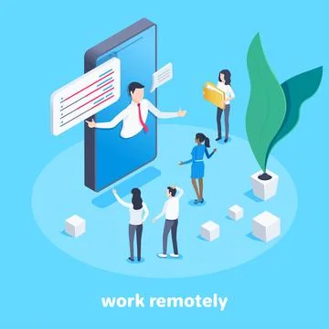 Isometric vector image on a blue background, a man makes a presentation to hi Stock Illustration