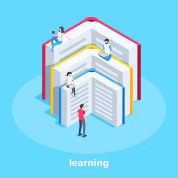 Isometric vector image on a blue background, open books lined up by ladder an Stock Illustration