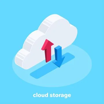 Isometric vector image on blue background, cloud icon and up and down arrows, Stock Illustration