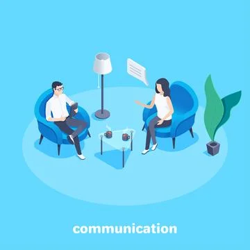 Isometric vector image on a blue background, a man and a woman communicate wh Stock Illustration