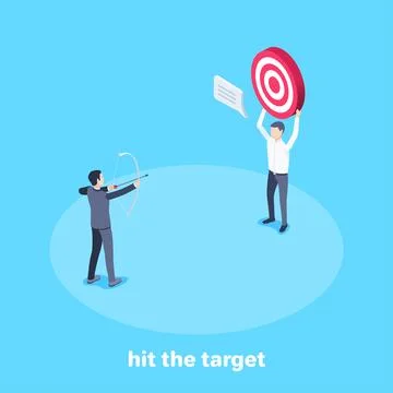Isometric vector image on a blue background, a man in a business suit shoots  Stock Illustration