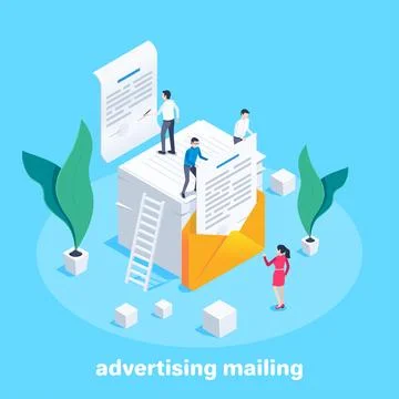 Isometric vector image on a blue background, people on a stack of letterheads 스톡 일러스트