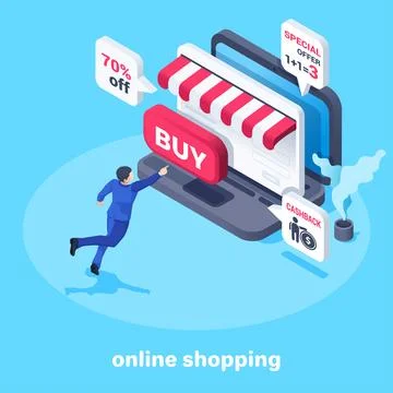 Isometric vector image on a blue background, a laptop with an online store pa Stock Illustration
