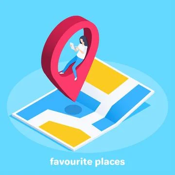Isometric vector image on a blue background, girl on a location icon in the m Stock Illustration