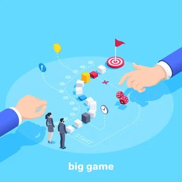 Isometric vector image on a blue background, business game where people are t Stock Illustration