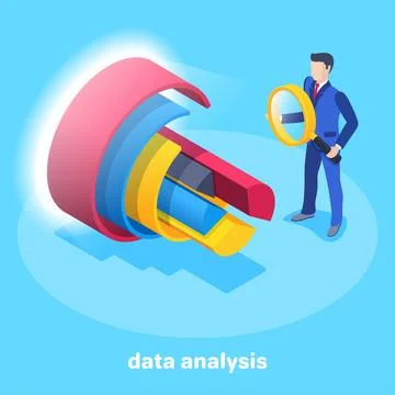 Isometric vector image on a blue background, a man in a business suit with a  Illustrazione stock