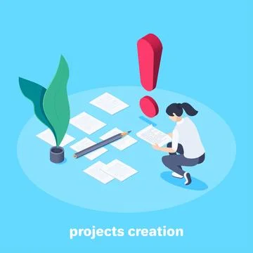 Isometric vector image on blue background, woman working with documents and e Illustrazione stock
