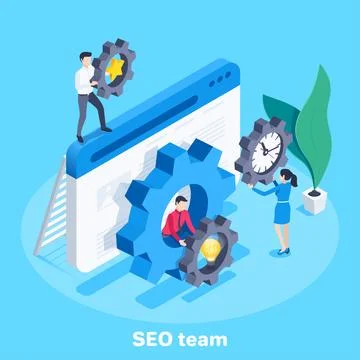 Isometric vector image on a blue background, browser window and gears, people 스톡 일러스트
