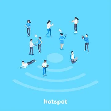 Isometric vector image on a blue background, people with smartphones and tabl Stock Illustration