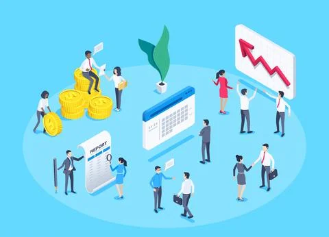 Isometric vector image on a blue background, business people near the report  Stock Illustration