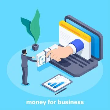 Isometric vector image on a blue background, a man in a business suit gives m 스톡 일러스트