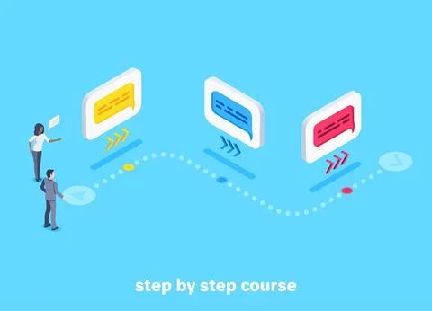 Isometric vector image on a blue background, step-by-step path for a man in a Ilustración de archivo