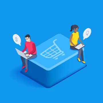 Isometric vector image on blue background, button with grocery basket icon, p Illustrazione stock