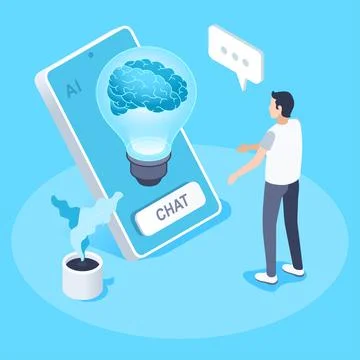 Isometric vector image on a blue background, the brain inside the light bulb  Stock Illustration