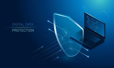 Isometric vector image on a dark background, a transparent shield covering th Stock Illustration
