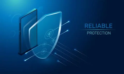 Isometric vector image on a dark background, a transparent shield covering th Stock-Illustration