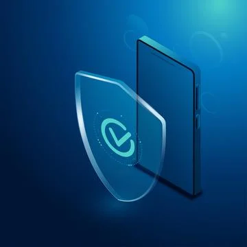 Isometric vector image on a dark blue background, transparent shield and smar Stock Illustration