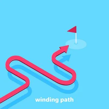 Isometric vector image on a golome background, red winding arrow directed t.. Ilustración de archivo
