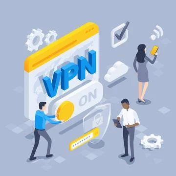 Isometric vector image on a gray background, a man turns on vpn on the progra Stock Illustration