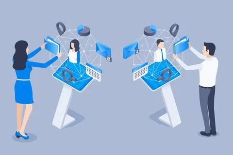 Isometric vector image on a gray background, business concept, a woman and ma Illustrazione stock