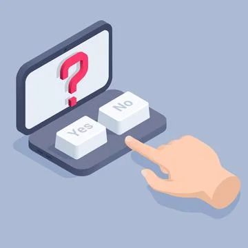 Isometric vector image on a gray background, buttons yes and laptop with ques イラスト素材