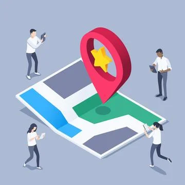 Isometric vector image on a gray background, map icon with a location icon an 스톡 일러스트