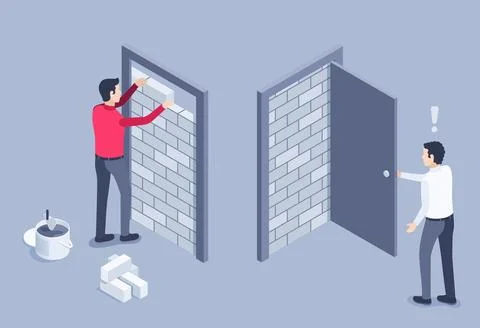 Isometric vector image on a gray background, a man stands in front of an open イラスト素材