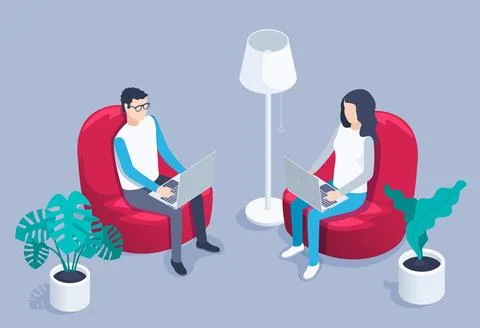 Isometric vector image on a gray background, man and woman working on a lapto Stock Illustration