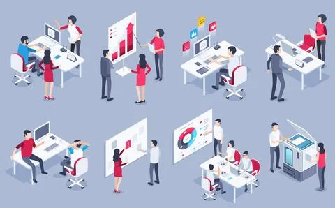 Isometric vector image on a gray background, a mans and womans works in the o Stock Illustration