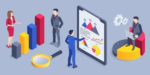Isometric vector image on a gray background, a man and woman in a business su Stock Illustration