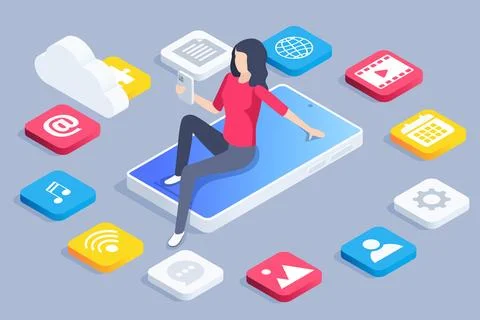 Isometric vector image on a gray background, woman with smartphone and cloud, Stock Illustration